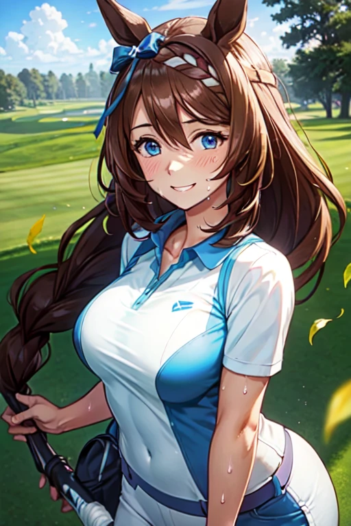 (High quality, High resolution, Fine details), Realistic, super creek \(umamusume\), woman, golf player, garden, green grass,sporty, athletic physique, confident expression, professional golfer, elegant pose, fashionable outfit, sunlight, leaves rustling in the wind, leisurely atmosphere, scenic beauty, summer morning, solo, curvy women, sparkling eyes, (Detailed eyes), (smile), blush, (Sweat), (Oily skin), shallow depth of field