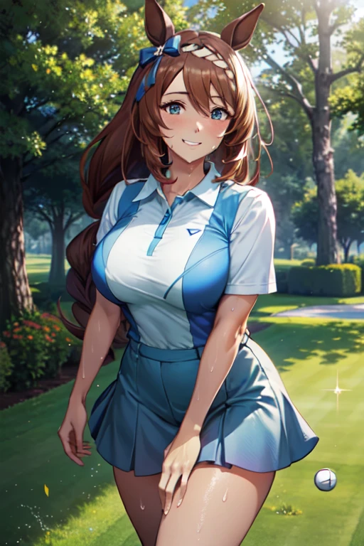 (High quality, High resolution, Fine details), Realistic, super creek \(umamusume\), woman, golf player, garden, green grass,sporty, athletic physique, confident expression, professional golfer, elegant pose, fashionable outfit, sunlight, leaves rustling in the wind, leisurely atmosphere, scenic beauty, summer morning, solo, curvy women, sparkling eyes, (Detailed eyes), (smile), blush, (Sweat), (Oily skin), shallow depth of field