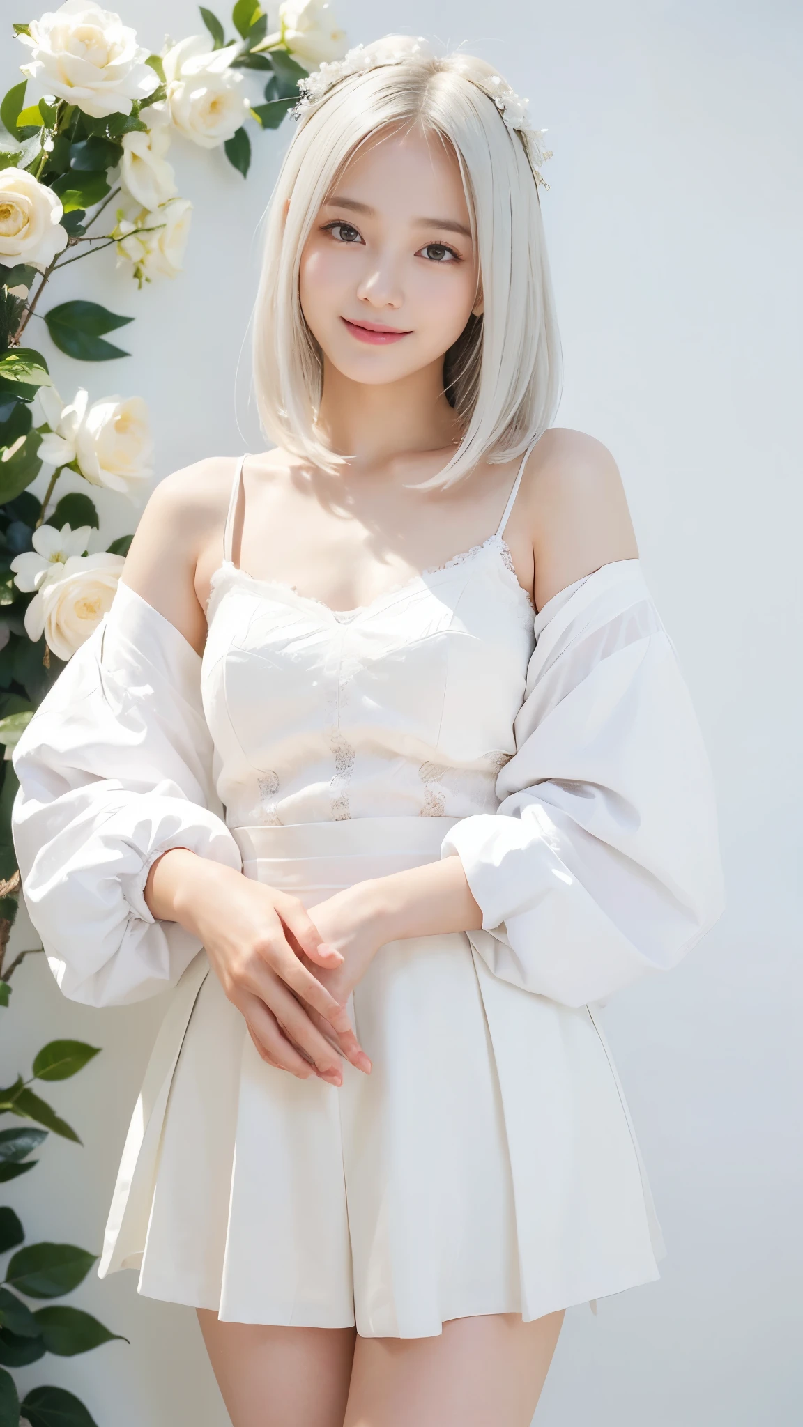 ((highest quality:1.3、8k、masterpiece))、One Girl、Detailed face 1:2、Cute Face、Fine grain、Laughter、Beautiful woman、Lesbians all over、Angelicales、Angel、White Skirt、White Tops、feather、Gentle light、Light background、Great background、White gold hair、Are standing、((Random sexy poses))