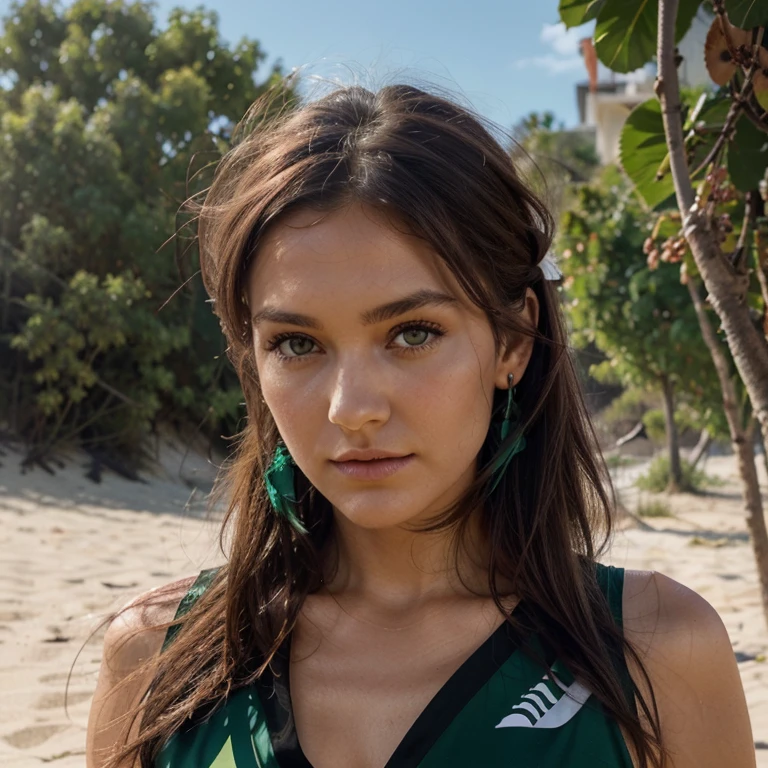 Visage rond, joues roses, brown hair with a black streak, couleur de cheveux oreilles de loup, emerald green eyes, Verres ronds , elle joue au volley sur une plage