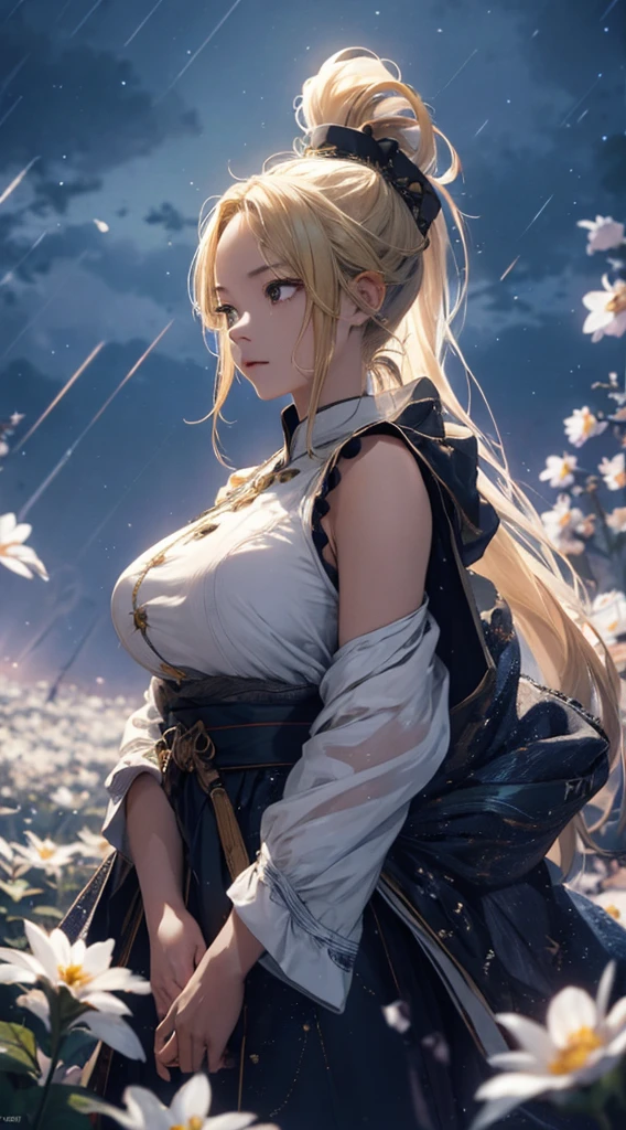 masterpiece, high quality, 4K, Beautiful design, silhouette，Blonde ponytail， 非常に詳細な夜のStarry Sky,Flower Field， wonderful, Finer details,  Very knowledgeable woman, Highly detailed solo, 1 female,Beautiful Eyes，tears，Big Breasts，White sleeveless，rain，Night view，Starry Sky，full moon，