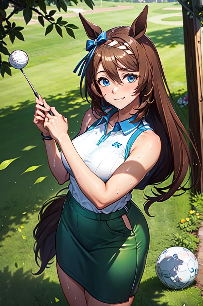 (High quality, High resolution, Fine details), Realistic, super creek \(umamusume\), woman, golf player, garden, green grass,sporty, athletic physique, confident expression, professional golfer, elegant pose, fashionable outfit, sunlight, leaves rustling in the wind, leisurely atmosphere, scenic beauty, summer morning, solo, curvy women, sparkling eyes, (Detailed eyes), (smile), blush, (Sweat), (Oily skin), shallow depth of field