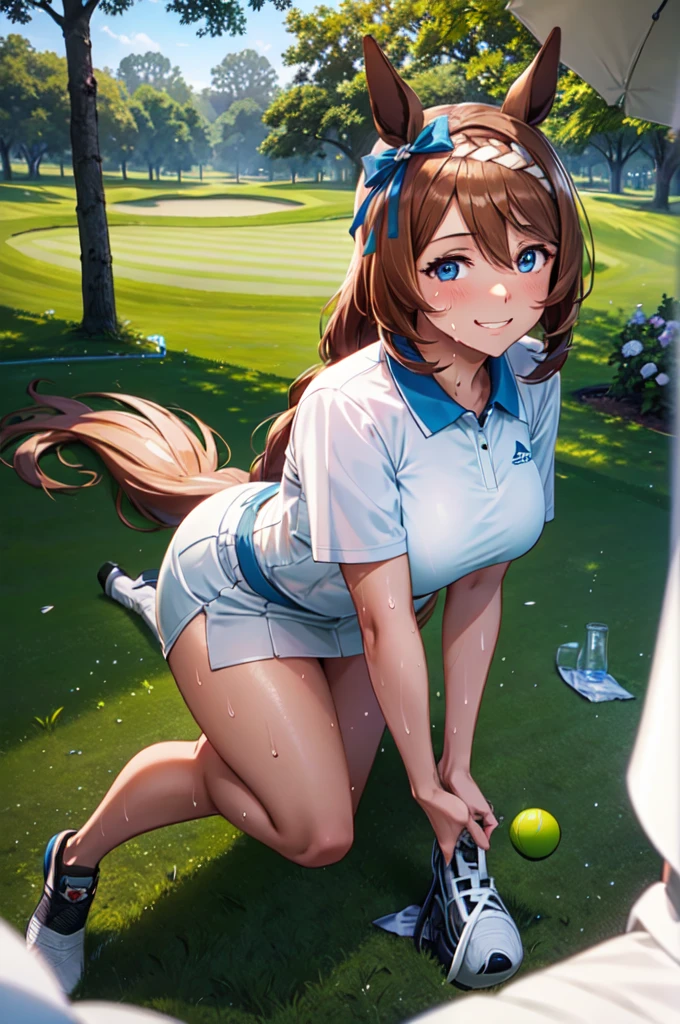 (High quality, High resolution, Fine details), Realistic, super creek \(umamusume\), woman, golf player, garden, green grass,sporty, athletic physique, confident expression, professional golfer, elegant pose, fashionable outfit, sunlight, leaves rustling in the wind, leisurely atmosphere, scenic beauty, summer morning, solo, curvy women, sparkling eyes, (Detailed eyes), (smile), blush, (Sweat), (Oily skin), shallow depth of field