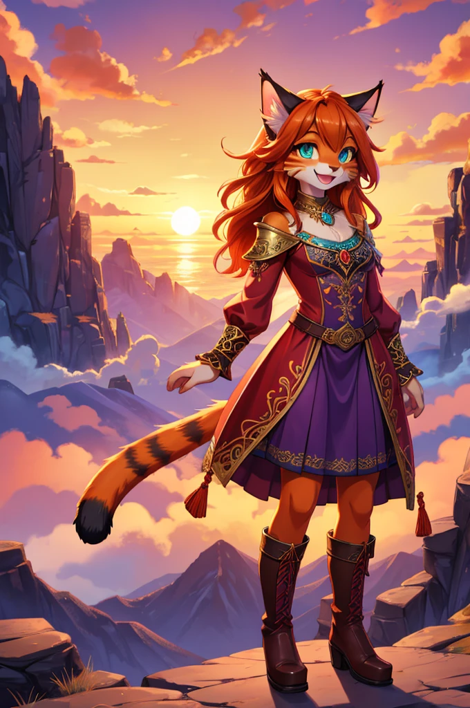 bright colors, fantasy style art, looking at viewer, facing viewer, beautiful anthropomorphic female cat, mature and young, tall character, 5 feet 11 inches tall, teal eyes, orange and white skin, long wavy bright orange hair, shapely body, skinny body, healthy body, orange and white furry cat skin, long fluffy cat tail, curvy chest, correct anatomy, correct tail, purple and red warrior outfit, ornate red clothes, fancy purple patterns and symbols, 2 red dress coattails hanging down her sides, high brown leather boots, long draping red sleeves, smiling, joyful expression, happy, open mouth, big expressive smile, wide eyes, standing on top of a mountain, at the mountain peak, sunset, brilliant cloudy sky, sunset lighting up the clouds, high quality digital art, 2k, professional illustration, highly detailed