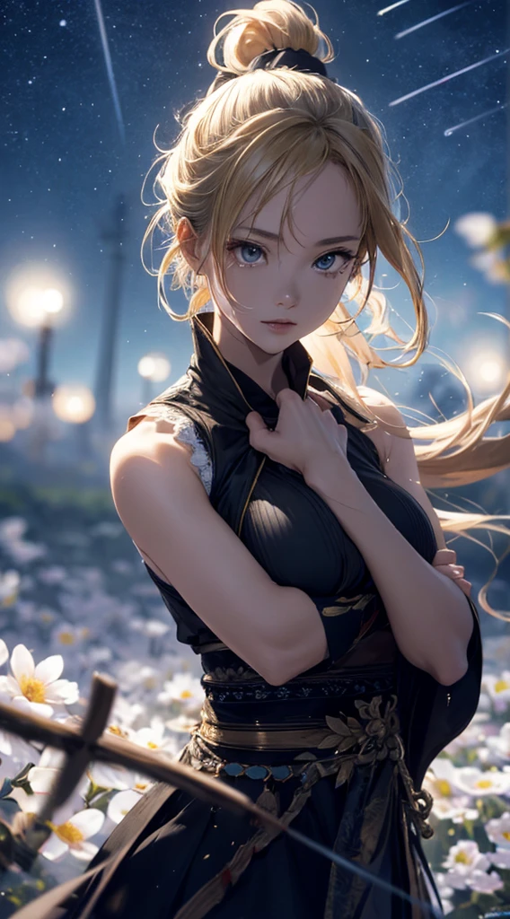 masterpiece, high quality, 4K, Beautiful design, silhouette,Blonde ponytail, 非常に詳細な夜のStarry Sky,Flower Field, wonderful, Finer details, Very knowledgeable woman, Highly detailed solo, 1 female,Beautiful Eyes,tears,Big Breasts,White sleeveless,rain,Night view,Starry Sky,full moon,