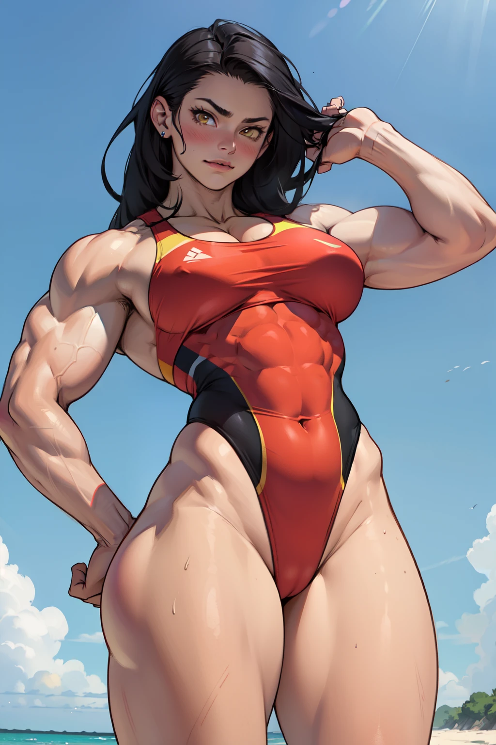 ((1girl)) pale skin large breasts (muscular) toned body thick thighs black hair yellow eyes (long hair) bodybuilder shirt blushing best quality hair flaps perfect anatomy swimsuit