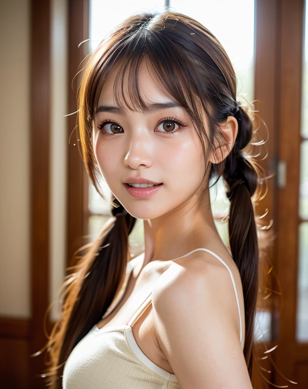 highest quality, Soft Light, Ultra-high resolution, (Realistic:1.4), RAW Photos,
1 Japanese girl, alone, cute, (pupil, light in your eyes),  Beautiful face in every detail,(High resolution detail of human skin texture),
(Twin tails、White teeth),
indoor,
White camisole,Waist up shot