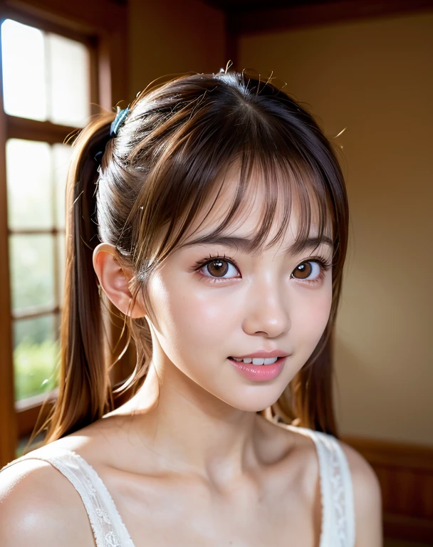 highest quality, Soft Light, Ultra-high resolution, (Realistic:1.4), RAW Photos,
1 Japanese girl, alone, cute, (pupil, light in your eyes), Beautiful face in every detail,(High resolution detail of human skin texture),
(Twin tails、White teeth),
indoor,
White camisole,Waist up shot