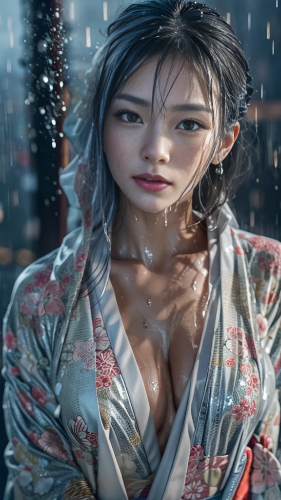 (RAW shooting:1.5, Realistic:1.5, 16k, highest quality, masterpiece, Ultra-high resolution), Perfect dynamic composition:1.3, (heavy snow, On a cliff on a precipitous cliff, Great background, Expressions of sadness:0.9), Highly detailed skin and facial textures:1.3, Wet slim woman:1.2, Random Shot, Fair skin:1.2, Mysterious portrait:1.1, Incredibly slim body:1.2, beautiful:1.1, とてもbeautiful顔:1.2, Water droplets on the skin, (The rain drips down on my body:1.1, Wet body:1.1, Wet Hair:1.1), (Professional kimono dressing:1.1, With a wet bouquet:1.2, The correct way to wear a wet silver kimono:1.3), (Shapely breasts, Chest gap),  (beautiful erotic eyes:0.8, beautiful, Sexy lips:0.8), (Too erotic:0.9, attractive:0.9), necklace, Earrings, bracelet