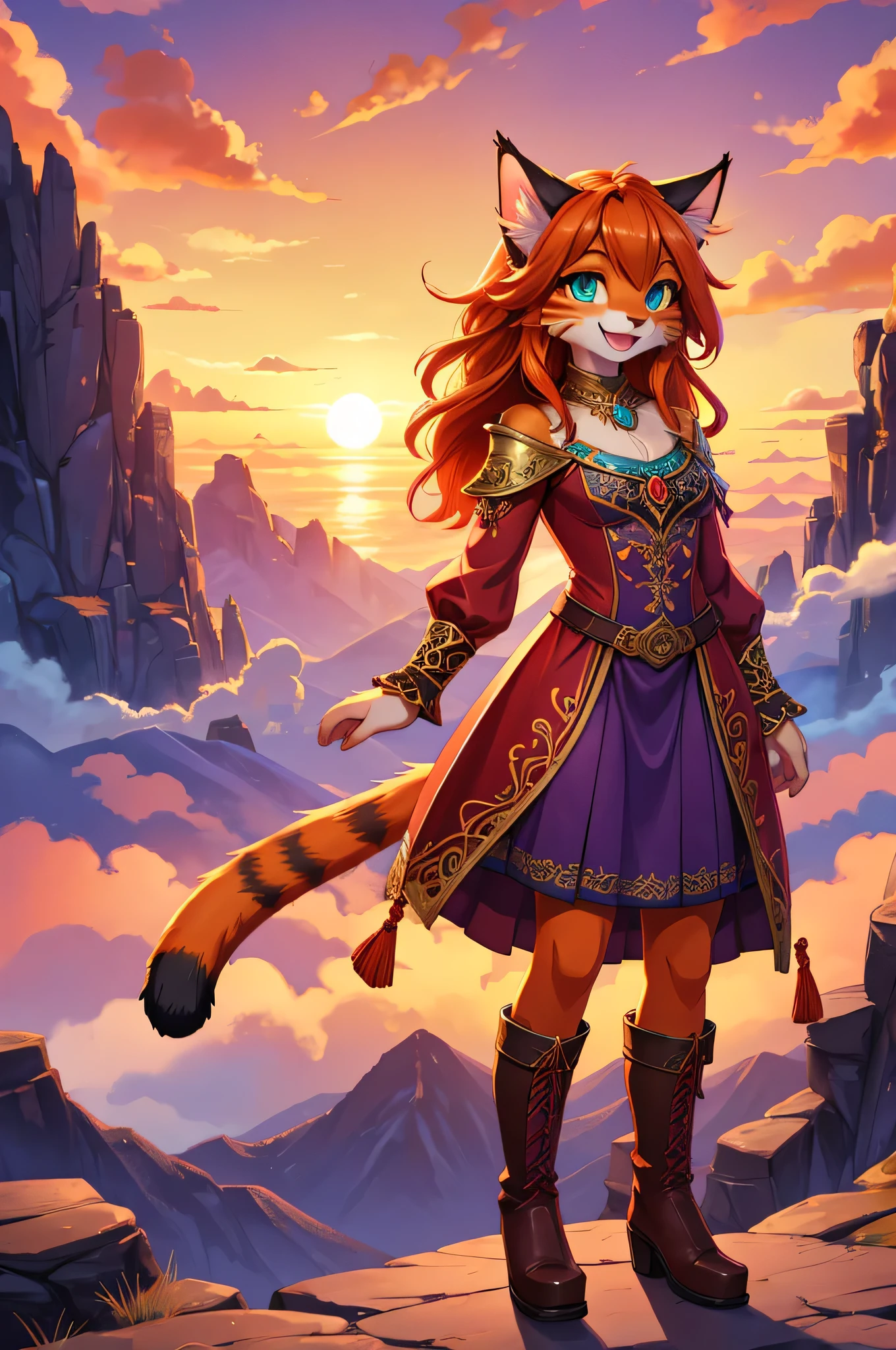 bright colors, fantasy style art, looking at viewer, facing viewer, beautiful anthropomorphic female cat, mature and young, tall character, 5 feet 11 inches tall, teal eyes, orange and white skin, long wavy bright orange hair, shapely body, skinny body, healthy body, orange and white furry cat skin, long fluffy cat tail, curvy chest, correct anatomy, correct tail, purple and red warrior outfit, ornate red clothes, fancy purple patterns and symbols, 2 red dress coattails hanging down her sides, high brown leather boots, long draping red sleeves, smiling, joyful expression, happy, open mouth, big expressive smile, wide eyes, standing on top of a mountain, at the mountain peak, sunset, brilliant cloudy sky, sunset lighting up the clouds, high quality digital art, 2k, professional illustration, highly detailed