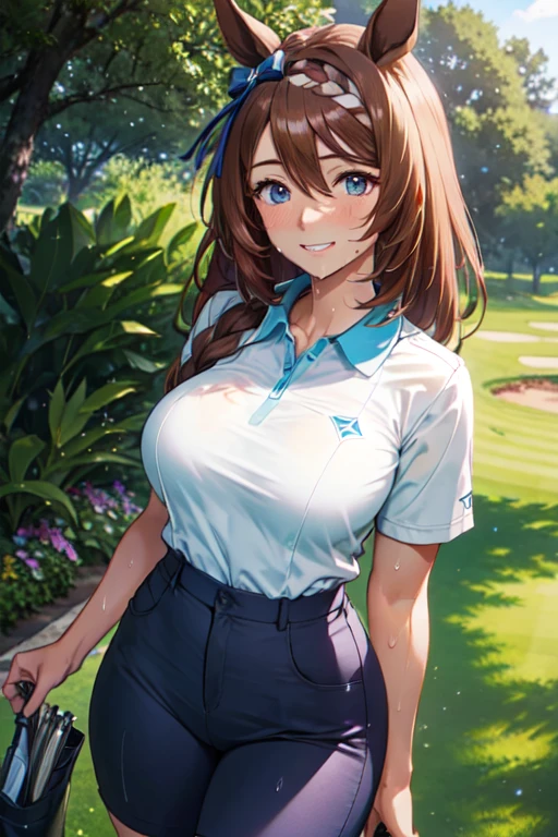 (High quality, High resolution, Fine details), Realistic, super creek \(umamusume\), woman, golf player, garden, green grass,sporty, athletic physique, confident expression, professional golfer, elegant pose, fashionable outfit, sunlight, leaves rustling in the wind, leisurely atmosphere, scenic beauty, summer morning, solo, curvy women, sparkling eyes, (Detailed eyes), (smile), blush, (Sweat), (Oily skin), shallow depth of field