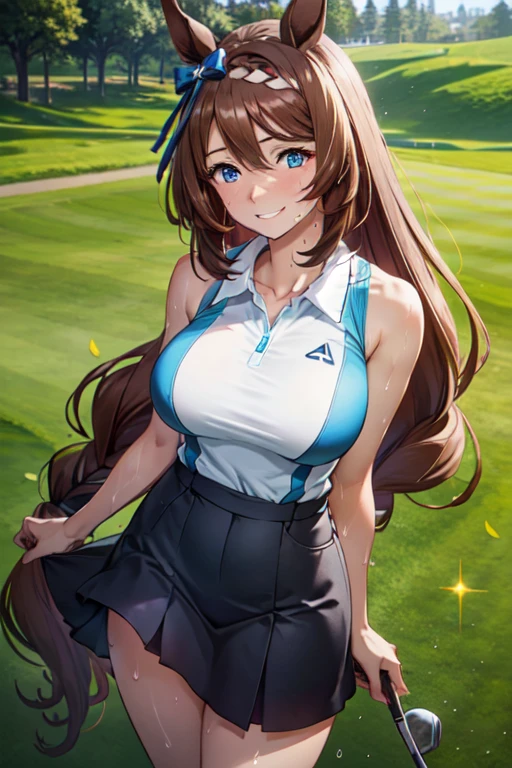 (High quality, High resolution, Fine details), Realistic, super creek \(umamusume\), woman, golf player, garden, green grass,sporty, athletic physique, confident expression, professional golfer, elegant pose, fashionable outfit, sunlight, leaves rustling in the wind, leisurely atmosphere, scenic beauty, summer morning, solo, curvy women, sparkling eyes, (Detailed eyes), (smile), blush, (Sweat), (Oily skin), shallow depth of field