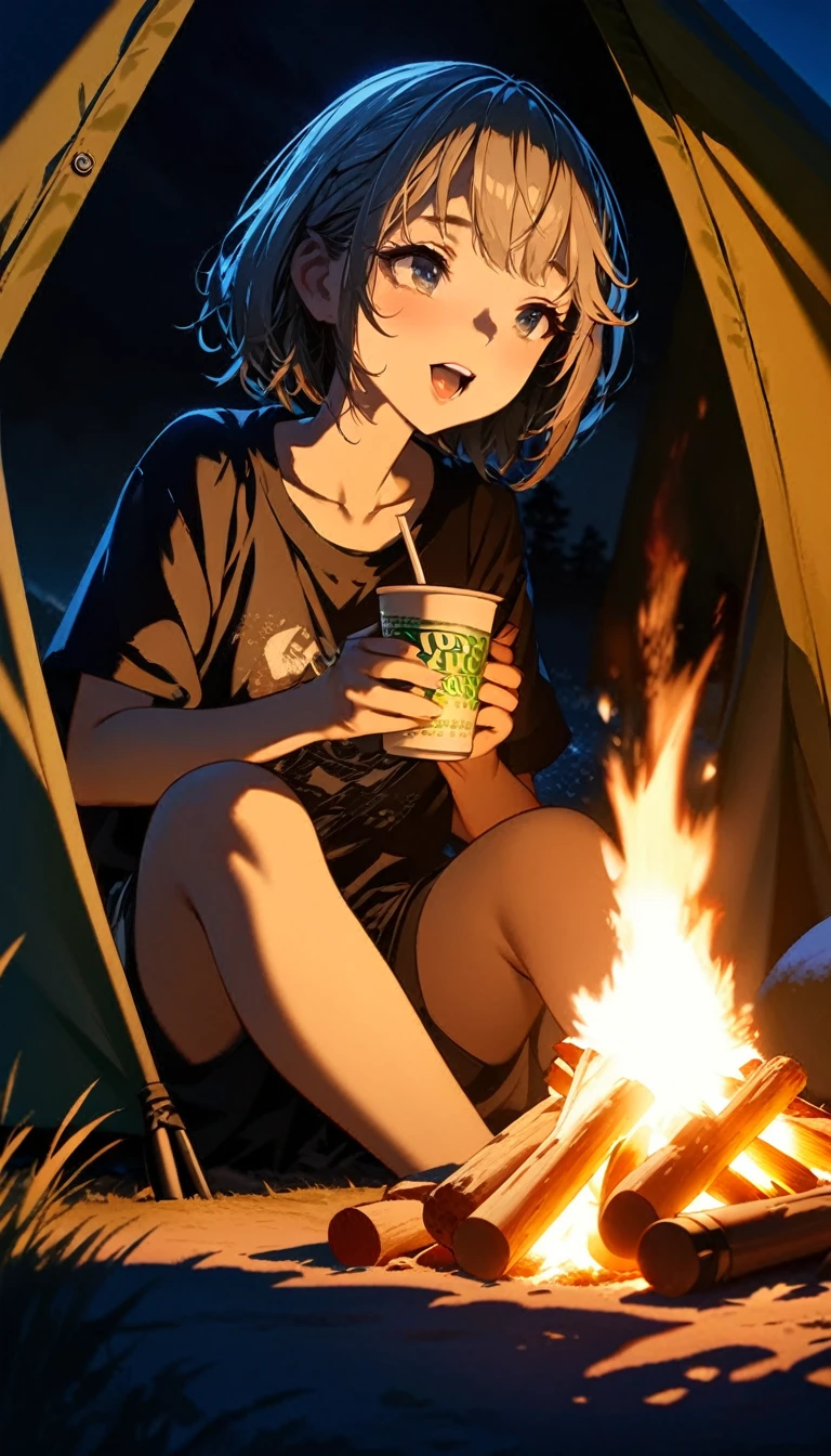 1 girl, ((super detailed, high resolution, super detailed, top quality, amazing, top quality, highly detailed CG Unity 8k wallpaper, cinematic lighting)), Camping, lakeside at night, tent and camping gear, girl eating cup noodles next to the tent, food, good times, wide open spaces, soft campfire light, great memories,