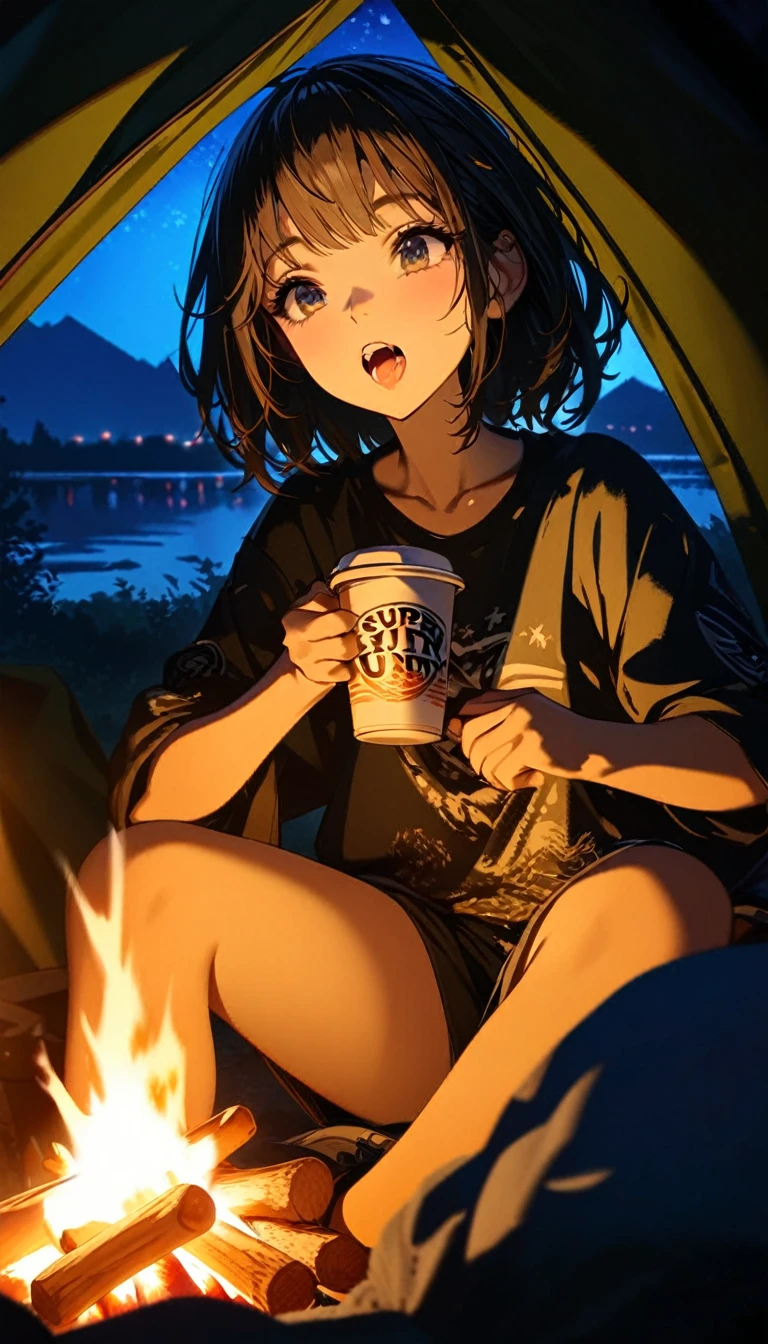 1 girl, ((super detailed, high resolution, super detailed, top quality, amazing, top quality, highly detailed CG Unity 8k wallpaper, cinematic lighting)), Camping, lakeside at night, tent and camping gear, girl eating cup noodles next to the tent, food, good times, wide open spaces, soft campfire light, great memories,