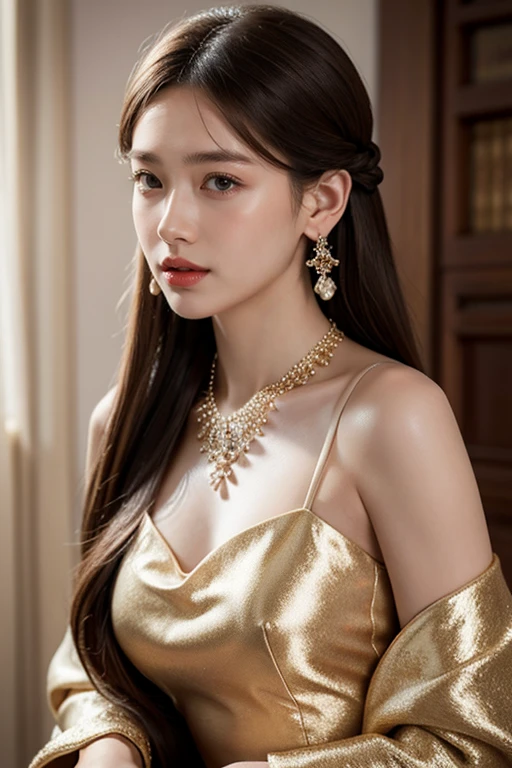 8K, ultra hd, masterpiece, very realistic, 1 girl, elegant, jewelry, accessories, earrings, necklace, beautiful mongolia dresses,4 dresses, mongolian girl, radom hairstyles, 4 hairstyles, brown hair, brown eyes, perfect lips, Mongolia dress,