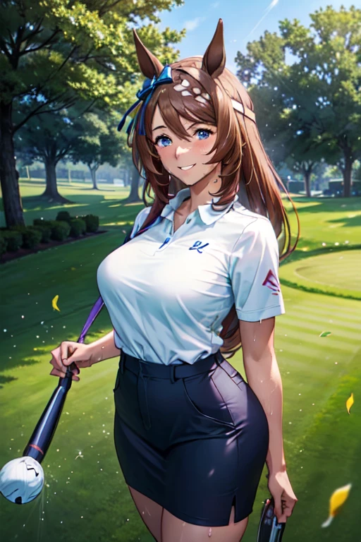 (High quality, High resolution, Fine details), Realistic, super creek \(umamusume\), woman, golf player, garden, green grass,sporty, athletic physique, confident expression, professional golfer, elegant pose, fashionable outfit, sunlight, leaves rustling in the wind, leisurely atmosphere, scenic beauty, summer morning, solo, curvy women, sparkling eyes, (Detailed eyes), (smile), blush, (Sweat), (Oily skin), shallow depth of field