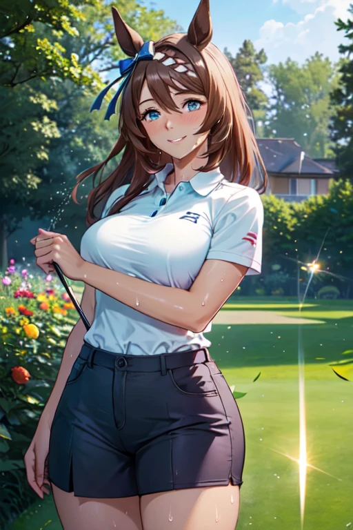 (High quality, High resolution, Fine details), Realistic, super creek \(umamusume\), woman, golf player, garden, green grass,sporty, athletic physique, confident expression, professional golfer, elegant pose, fashionable outfit, sunlight, leaves rustling in the wind, leisurely atmosphere, scenic beauty, summer morning, solo, curvy women, sparkling eyes, (Detailed eyes), (smile), blush, (Sweat), (Oily skin), shallow depth of field