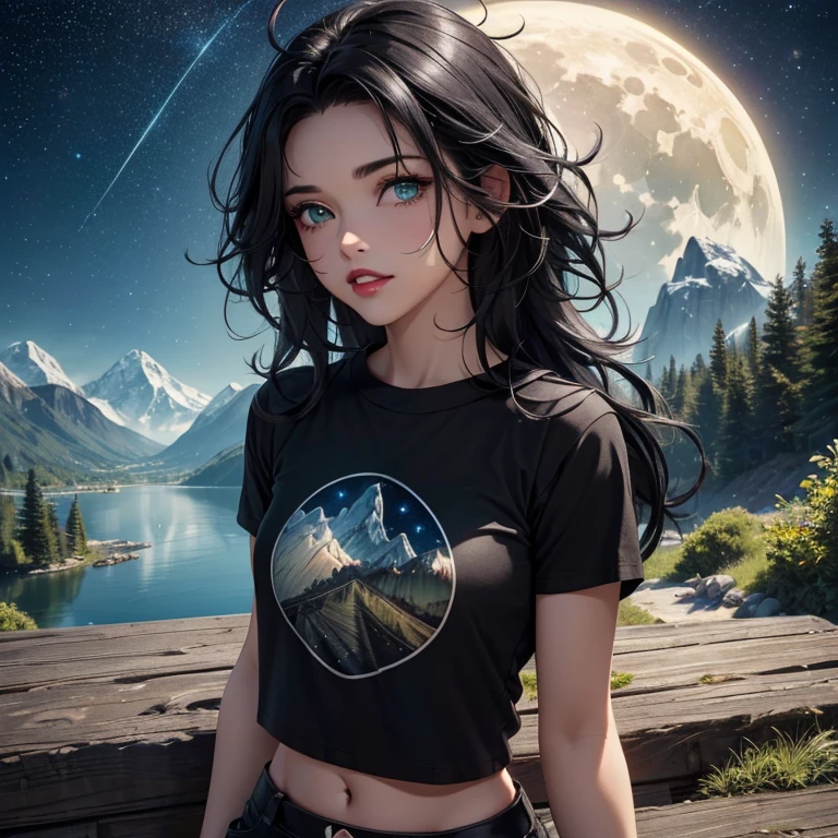 Masterpiece, best quality, 8K wallpaper, HDR, octane rendering. A girl with (black cropped t-shirt, micro shorts, high socks, sandals), camp, mountains, trees, lake, starry night sky, bright moon, beautiful detailed scenery, the girl has (messy hair over one eye: 1.5, shiny black hair: 1.3), (beautiful and detailed green eyes), (red lips, teeth: 1.2), (beautiful and detailed face with perfect symmetry), (body with perfect anatomy, perfect natural texture, high details , glowing skin) cinematic lighting with vivid colors, extremely detailed illustration, depth of field