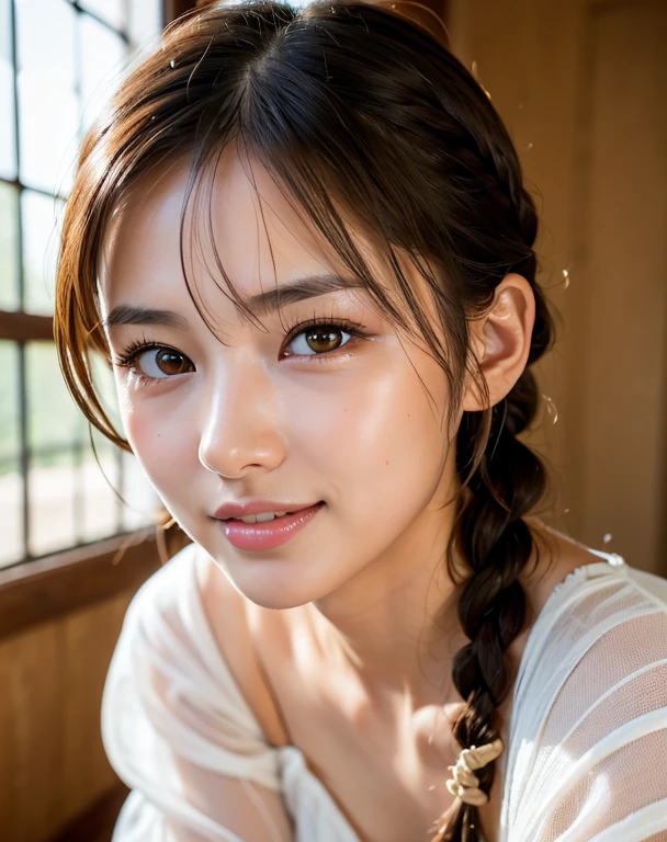 highest quality, Soft Light, Ultra-high resolution, (Realistic:1.4), RAW Photos,
1 Japanese girl, alone, cute, (pupil, light in your eyes),  Beautiful face in every detail,(High resolution detail of human skin texture),
(Braided、White teeth),
indoor,
Sheer white camisole,Waist up shot