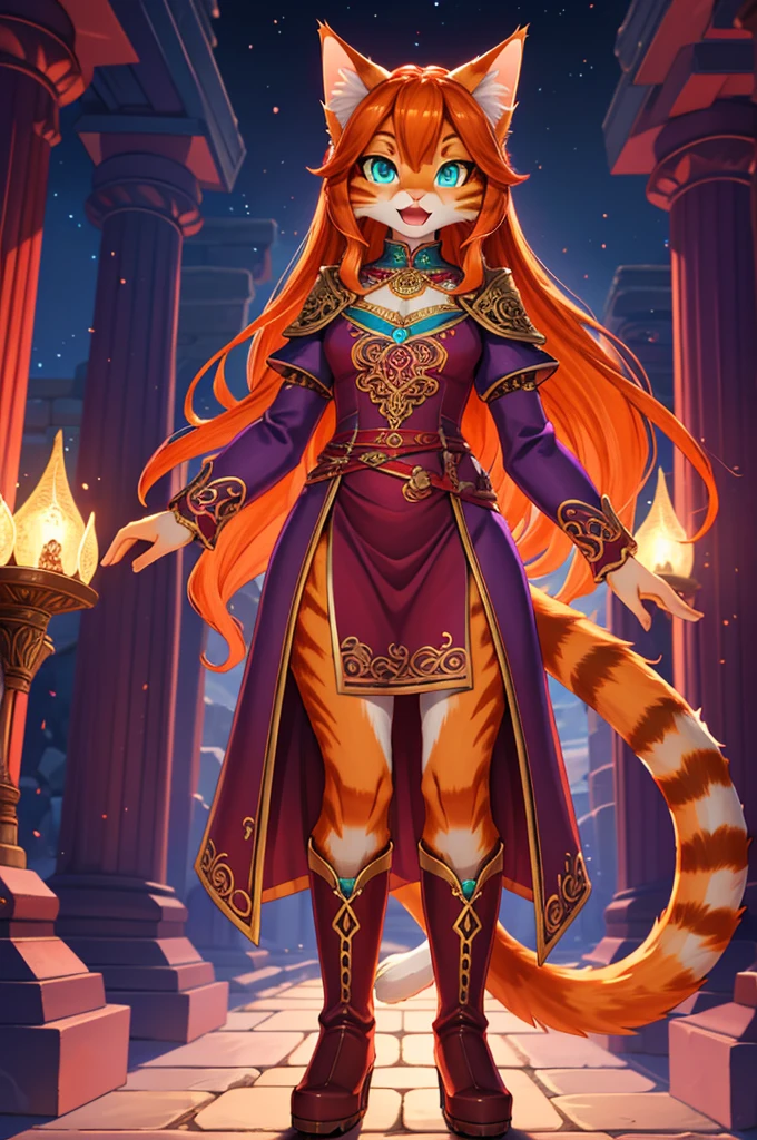 bright colors, fantasy style art, looking at viewer, facing viewer, beautiful anthropomorphic female cat, mature and young, tall character, 5 feet 11 inches tall, teal eyes, orange and white skin, long wavy bright orange hair, shapely body, skinny body, healthy body, orange and white furry cat skin, long fluffy cat tail, curvy chest, correct anatomy, correct tail, purple and red warrior outfit, ornate red clothes, fancy purple patterns and symbols, 2 red dress coattails hanging down her sides, high brown leather boots, long draping red sleeves, surprised,, open mouth, shocked expression, wide eyes, standing in a purple stone temple, high quality digital art, 2k, professional illustration, highly detailed