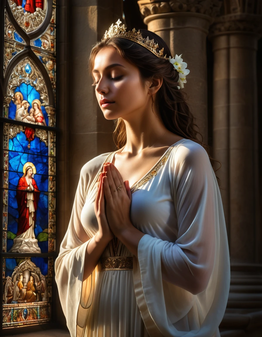 (best quality,4k,8k,highres,masterpiece:1.2),ultra-detailed,(realistic,photorealistic,photo-realistic:1.37),cathedral,girl praying to God,nude,artistic photo,pure beauty,sunlight streaming through stained glass windows,serene expression,innocent and ethereal,breathtaking atmosphere,hushed whispers of devotion,divine connection,transcendent moment,sacredness,dreamlike quality,sublime lighting,architectural magnificence,divine embrace,elaborate sculptures and carvings,heavenly aura,spiritual journey,vibrant colors,dappled light,ethereal glow,heavenly realm,the girl's graceful curves highlighted by the sunlight,female form celebrated as art,prayerful solitude,peaceful serenity,spiritual enlightenment,unspoken desires,touch of vulnerability,celestial ethereality,magical realism,exquisite details,poetic composition