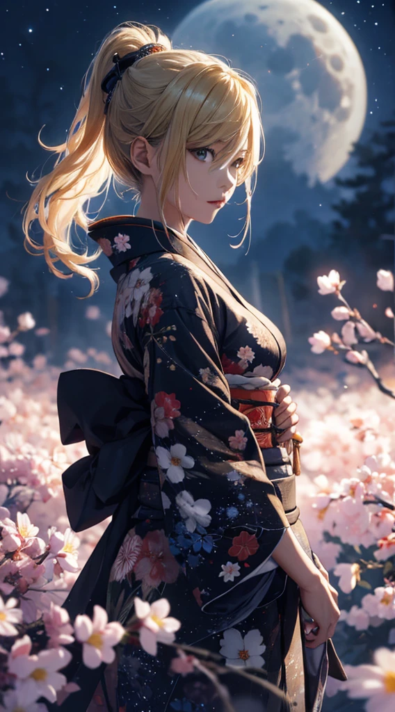 masterpiece, high quality, 4K, Beautiful design, silhouette,blonde, 非常に詳細な夜のStarry Sky,Flower Field, wonderful, Finer details, Very knowledgeable woman, Highly detailed solo, 1 female,Beautiful Eyes,I like rumors,Big Breasts,red kimono,Night view,Starry Sky,full moon,