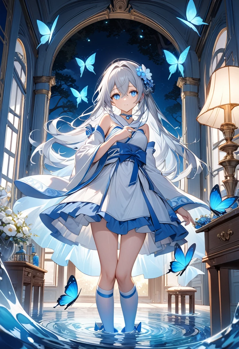 (俯瞰figure),Dynamic Angle,Super detailed, figure, close, Straight, One girl, (Fantasy:1.4), (Blue Eyes:1.233),Her eyes shone like dream-like stars,(Glowing Eyes:1.233),(Beautiful and detailed:1.1),(Silver Hair:1.14),(Messy Hair,Very long hair,French Braid,Hair between the eyes,Side Lock), (+(Blue Hair Flower:1.14)),(Chiffon dress,blue floral pattern on uniform)/=(uniform:1.24),(Removable sleeves,Wide sleeves),(Fingerless gloves),choker,(Shrine Maiden Knee Socks),High heel boots,(Expressionless,Mouth closed),(Are standing), (In the white ancient palace、Classic princess bedroom with dressing table and French windows),(White flower,bloom),(Deep Sea),(water flowing),(Dull Blue World Tree:1.14),(Remains),(night:1.2),dream-like,soul,(fluorescence),(Flying translucent blue butterfly:1.15), [[Delicate fingers and hands:0.55]::0.85],(Finger details),(Soup packets:0.5),