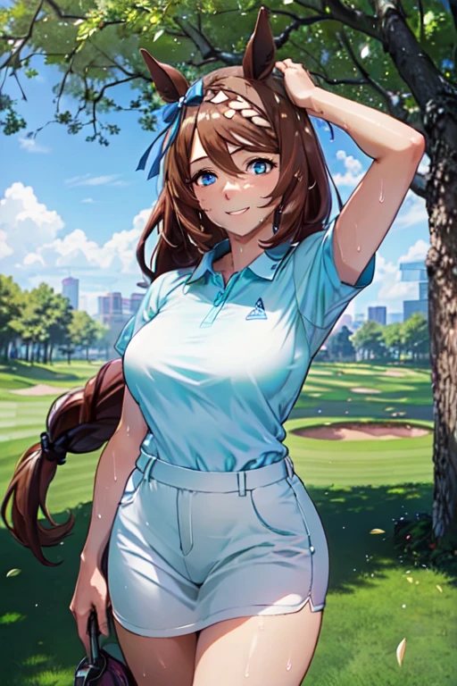 (High quality, High resolution, Fine details), Realistic, super creek \(umamusume\), woman, golf player, garden, green grass,sporty, athletic physique, confident expression, professional golfer, elegant pose, fashionable outfit, sunlight, leaves rustling in the wind, leisurely atmosphere, scenic beauty, summer morning, solo, curvy women, sparkling eyes, (Detailed eyes), (smile), blush, (Sweat), (Oily skin), shallow depth of field