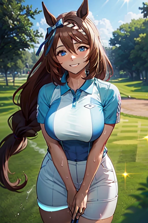 (High quality, High resolution, Fine details), Realistic, super creek \(umamusume\), woman, golf player, garden, green grass,sporty, athletic physique, confident expression, professional golfer, elegant pose, fashionable outfit, sunlight, leaves rustling in the wind, leisurely atmosphere, scenic beauty, summer morning, solo, curvy women, sparkling eyes, (Detailed eyes), (smile), blush, (Sweat), (Oily skin), shallow depth of field