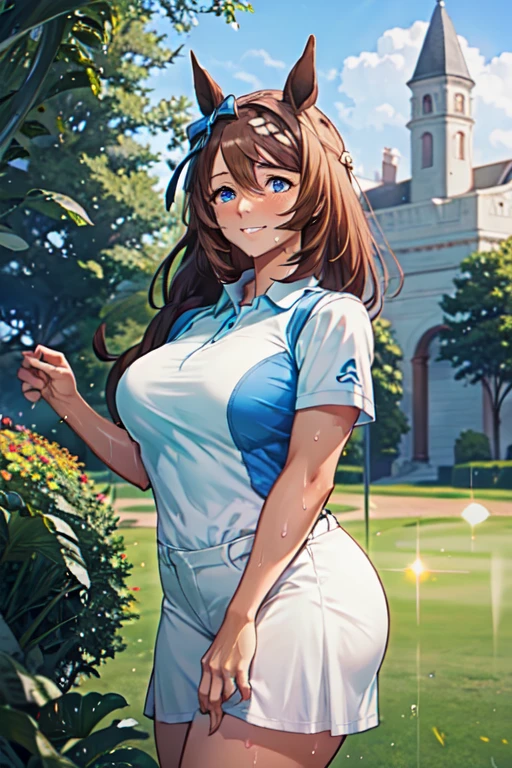 (High quality, High resolution, Fine details), Realistic, super creek \(umamusume\), woman, golf player, garden, green grass,sporty, athletic physique, confident expression, professional golfer, elegant pose, fashionable outfit, sunlight, leaves rustling in the wind, leisurely atmosphere, scenic beauty, summer morning, solo, curvy women, sparkling eyes, (Detailed eyes), (smile), blush, (Sweat), (Oily skin), shallow depth of field