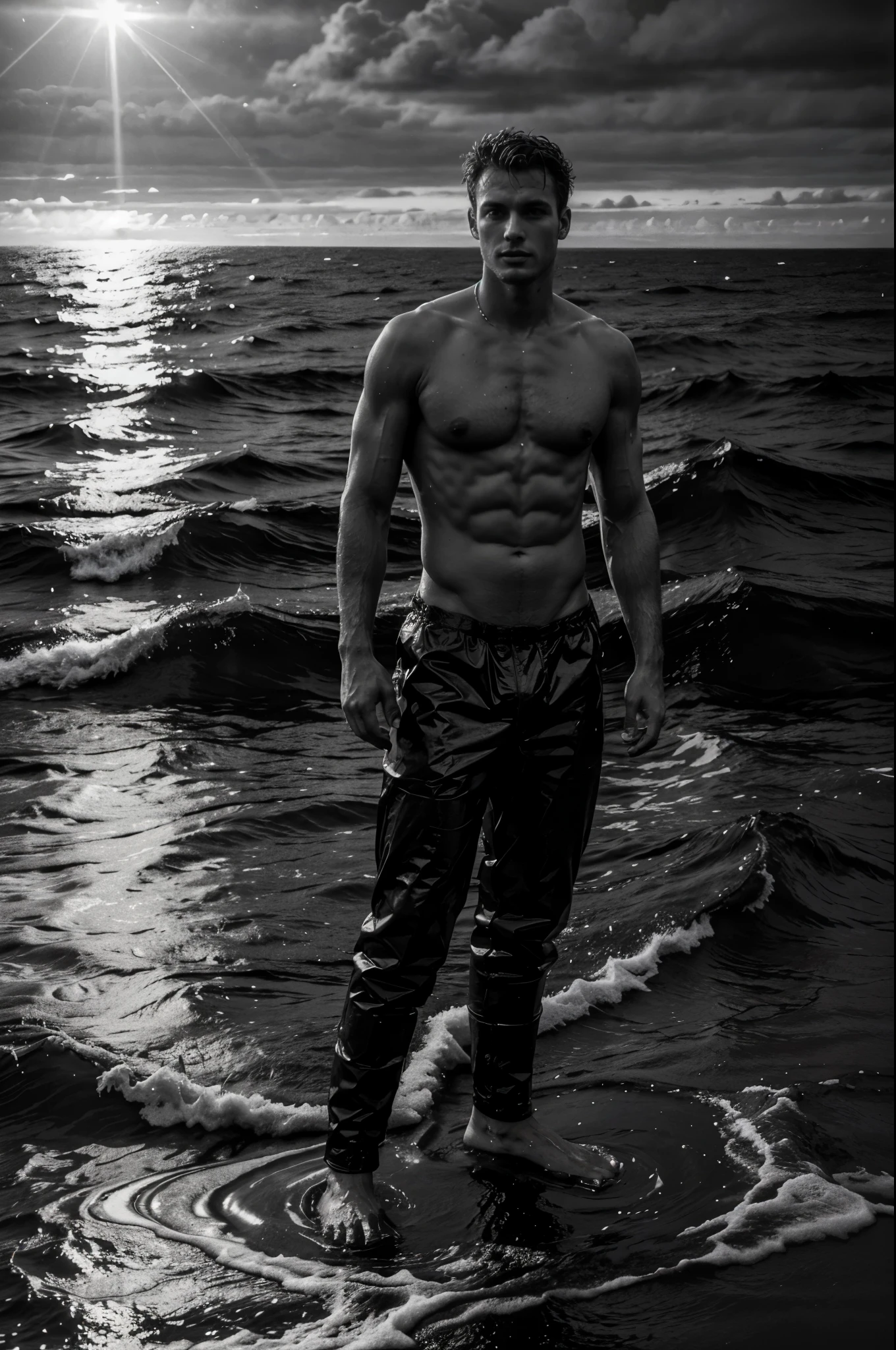 Male fashion photography photo, full body shot, handsome nude young manly christian hogue, working on an oil platform, black and white photo, dramatic poses and light and dark composition, the North Atlantic Ocean is famous for its rich oil reserves under the sea, illuminated by the distant sea surface. Attracted by the mysterious light, he developed a strong interest in the oil platform standing in the sea. Photographers and staff recorded their lives while repairing the ship and on the deck, photos taken during the journey, and historical images of the oil drilling platform collected by the photographer. It depicts the transformation and decline of the natural gas and oil industries in the past and present, highlighting the changes and time this ocean has experienced.