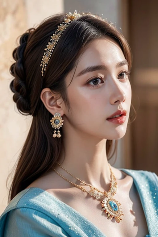 8K, ultra hd, masterpiece, very realistic, 1 girl, elegant, jewelry, accessories, earrings, necklace, beautiful and colourful ancient korean dresses,4 dresses, korean girl, radom hairstyles, 4 hairstyles, brown hair, brown eyes, perfect lips,