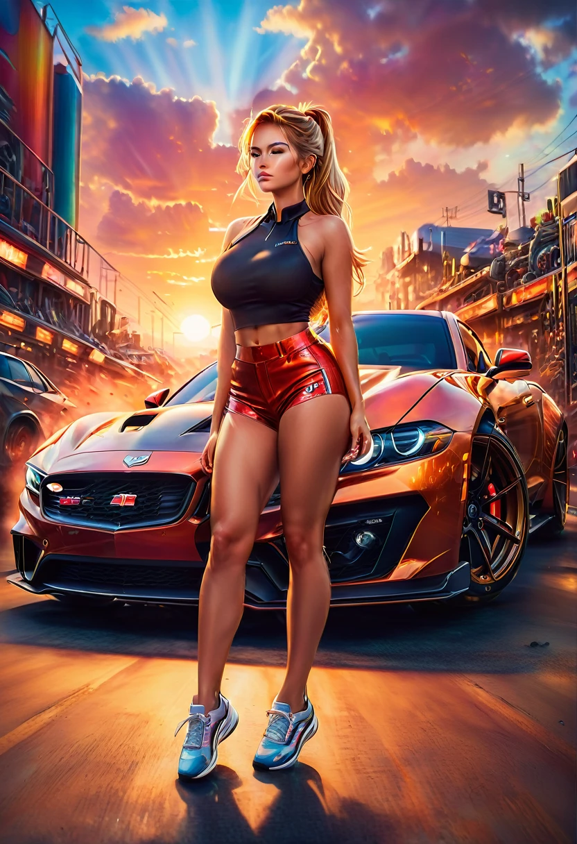 A young woman wearing (tight, fitted, snug) high cut booty shorts and cropped shirts stands between two (powerful, sleek) Muscle Cars to start a race, engine roaring, in the backdrop of a vibrant Sunset. (Best quality, 4k, highres, masterpiece:1.2), ultra-detailed, (realistic, photorealistic, photo-realistic:1.37) prompt, with (HDR, UHD) quality and (studio lighting, sharp focus), high ponytail, copper-blonde hair, large breasts, bright light, perfect eyes, skin blemish, detailed skin, full person



