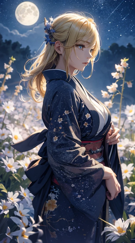 masterpiece, high quality, 4K, Beautiful design, silhouette,blonde, 非常に詳細な夜のStarry Sky,Flower Field, wonderful, Finer details, Very knowledgeable woman, Highly detailed solo, 1 female,Beautiful Eyes,tears,I like rumors,Big Breasts,Blue Kimono,Night view,Starry Sky,full moon,