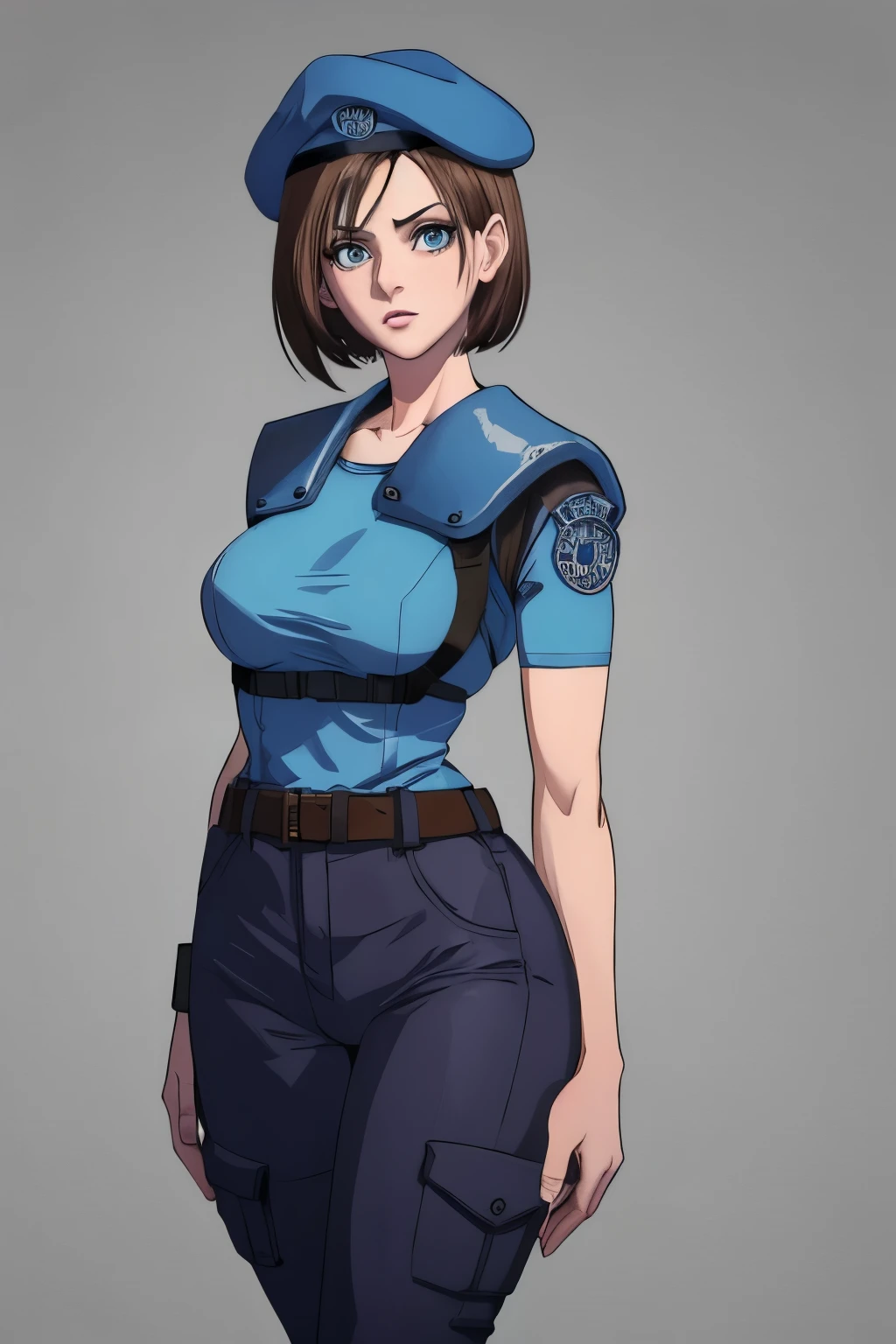 Jill Valentine, masterpiece, best quality, 1girl, solo, standing, jillre1, beret, uniform, shoulder pads, short sleeves, harness, belt, pants, unmoving pattern, peitos grandes, bunda grande, ela esta mostrando a lateral, pernas abertas, bunda grande, decote, peitos grandes, ela esta olhando para a lateral, 