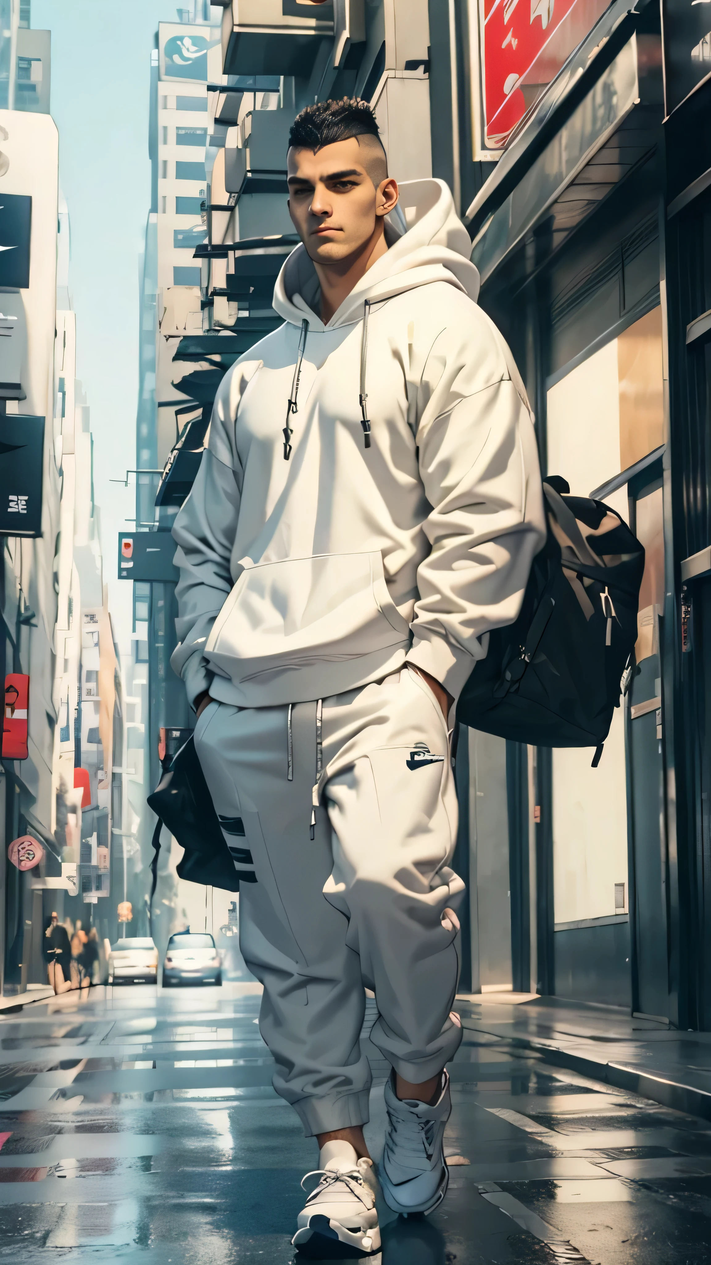 Cyberpunk Style, 1 bear, futuristic, polarbear, muscular, white nike hoodie, walking in the city, at afternoon