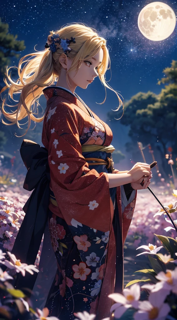 masterpiece, high quality, 4K, Beautiful design, silhouette,blonde, 非常に詳細な夜のStarry Sky,Flower Field, wonderful, Finer details, Very knowledgeable woman, Highly detailed solo, 1 female,Beautiful Eyes,I like rumors,Big Breasts,red kimono,Night view,Starry Sky,full moon,
