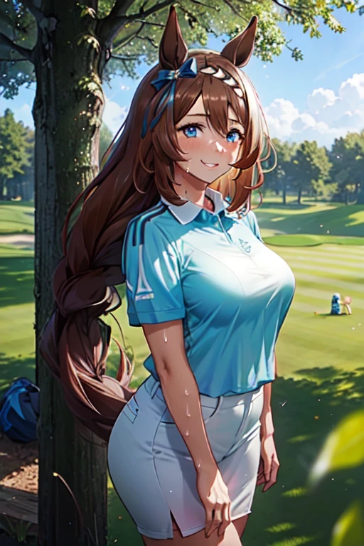 (High quality, High resolution, Fine details), Realistic, super creek \(umamusume\), woman, golf player, garden, green grass,sporty, athletic physique, confident expression, professional golfer, elegant pose, fashionable outfit, sunlight, leaves rustling in the wind, leisurely atmosphere, scenic beauty, summer morning, solo, curvy women, sparkling eyes, (Detailed eyes), (smile), blush, (Sweat), (Oily skin), shallow depth of field