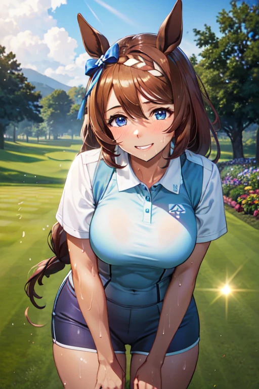 (High quality, High resolution, Fine details), Realistic, super creek \(umamusume\), woman, golf player, garden, green grass,sporty, athletic physique, confident expression, professional golfer, elegant pose, fashionable outfit, sunlight, leaves rustling in the wind, leisurely atmosphere, scenic beauty, summer morning, solo, curvy women, sparkling eyes, (Detailed eyes), (smile), blush, (Sweat), (Oily skin), shallow depth of field