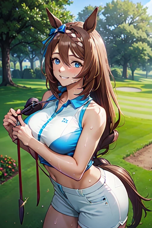 (High quality, High resolution, Fine details), Realistic, super creek \(umamusume\), woman, golf player, garden, green grass,sporty, athletic physique, confident expression, professional golfer, elegant pose, fashionable outfit, sunlight, leaves rustling in the wind, leisurely atmosphere, scenic beauty, summer morning, solo, curvy women, sparkling eyes, (Detailed eyes), (smile), blush, (Sweat), (Oily skin), shallow depth of field