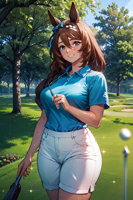 (High quality, High resolution, Fine details), Realistic, super creek \(umamusume\), woman, golf player, garden, green grass,sporty, athletic physique, confident expression, professional golfer, elegant pose, fashionable outfit, sunlight, leaves rustling in the wind, leisurely atmosphere, scenic beauty, summer morning, solo, curvy women, sparkling eyes, (Detailed eyes), (smile), blush, (Sweat), (Oily skin), shallow depth of field