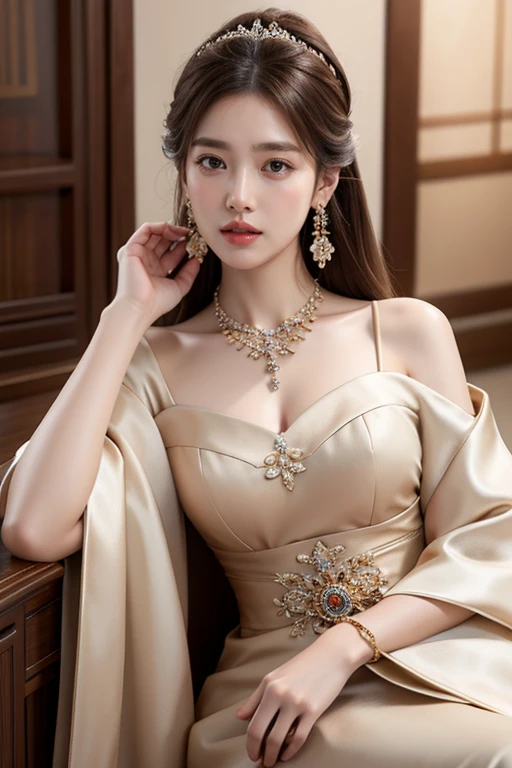 8K, ultra hd, masterpiece, very realistic, 1 girl, elegant, jewelry, accessories, earrings, necklace, beautiful and colourful ancient korean dresses,4 dresses, korean girl, radom hairstyles, 4 hairstyles, brown hair, brown eyes, perfect lips,