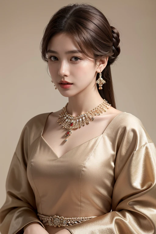 8K, ultra hd, masterpiece, very realistic, 1 girl, elegant, jewelry, accessories, earrings, necklace, beautiful and colourful ancient korean dresses,4 dresses, korean girl, radom hairstyles, 4 hairstyles, brown hair, brown eyes, perfect lips,