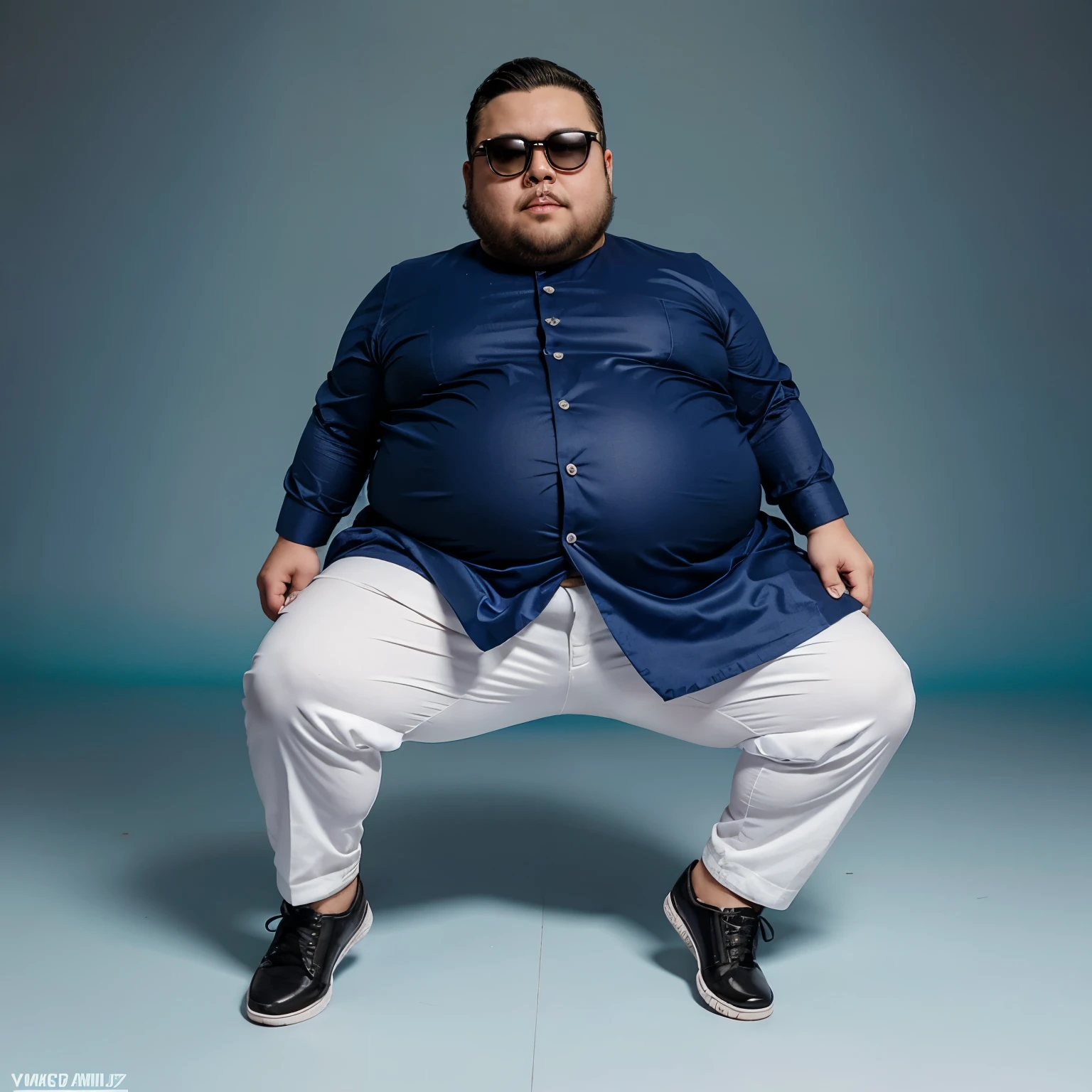 create an avatar of a fat boy with monkey hair, color de piel blanco, con gafas azules y traje de doctor, 6 years old full body