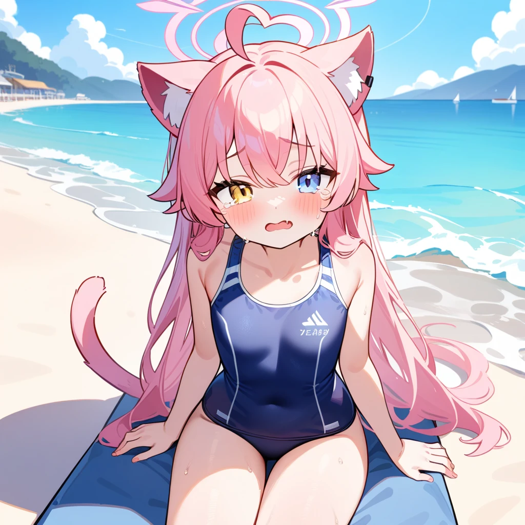 (masterpiece:1.2,high quality),8K,High resolution,A thirteen-year-old girl,cute girl,Takanashi Hoshino(Blue Archive),cat ears,pink hair,long hair,(yellow and light blue eyes),heterochromia, heart ahoge,halo,laughingfang out,tears,Sitting on the beach,Wear school swimwear:1.6,primary school student,thigh,alone,cat tail