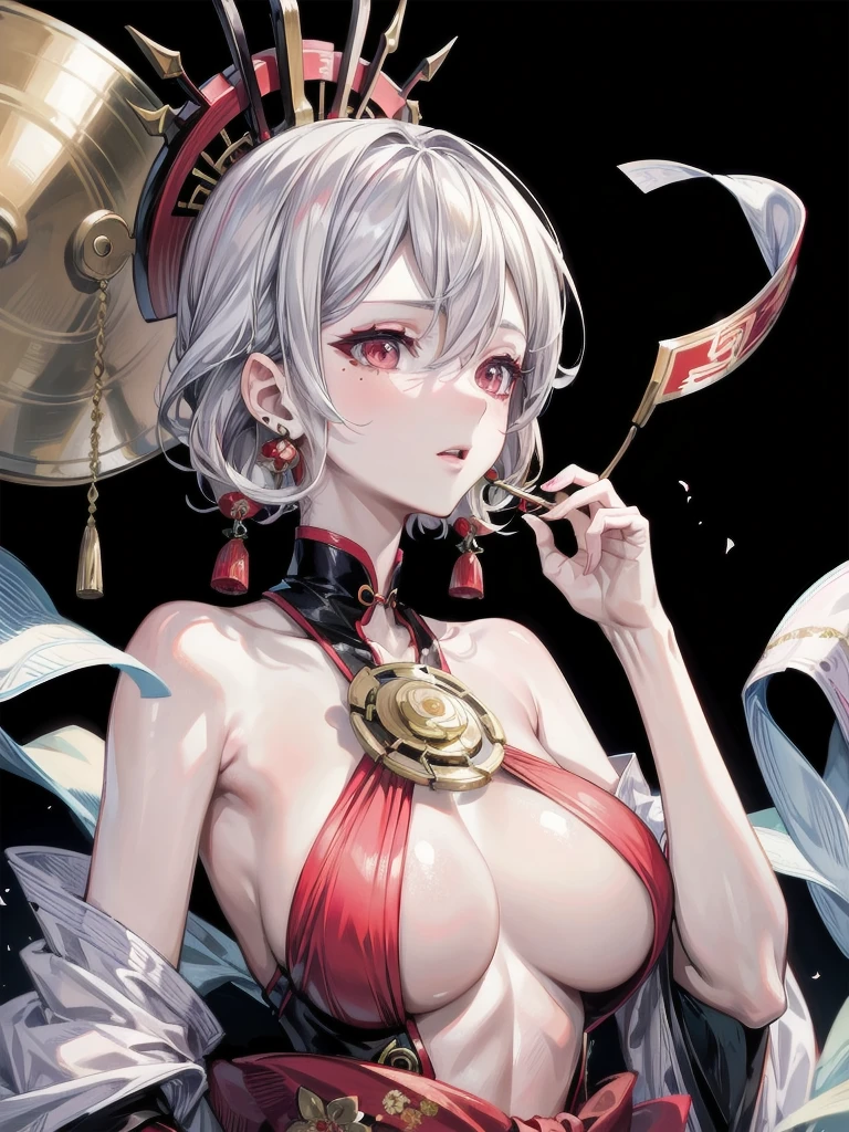 Oiran, absurdres, RAW photo, extremely delicate and beautiful, masterpiece, Best Quality, ultra high resolution, 32k, hyperrealistic, ultra-detailed, detailed description, pale skin, 20 years old, tearful mole, earring, big tits, short medium hair, wavy hair, whole body shot,