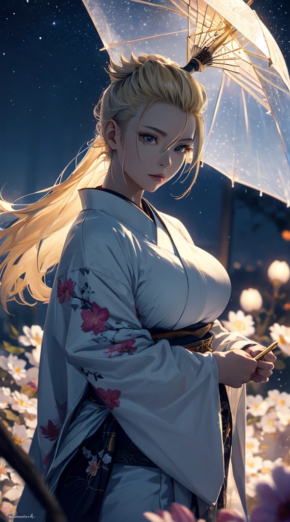 masterpiece, high quality, 4K, Beautiful design, silhouette,Blonde Mohawk,, 非常に詳細な夜のStarry Sky,Flower Field, wonderful, Finer details, Very knowledgeable woman, Highly detailed solo, 1 female,Beautiful Eyes,tears,Big Breasts,White kimono,Japanese Umbrella,rain,Night view,Starry Sky,full moon,