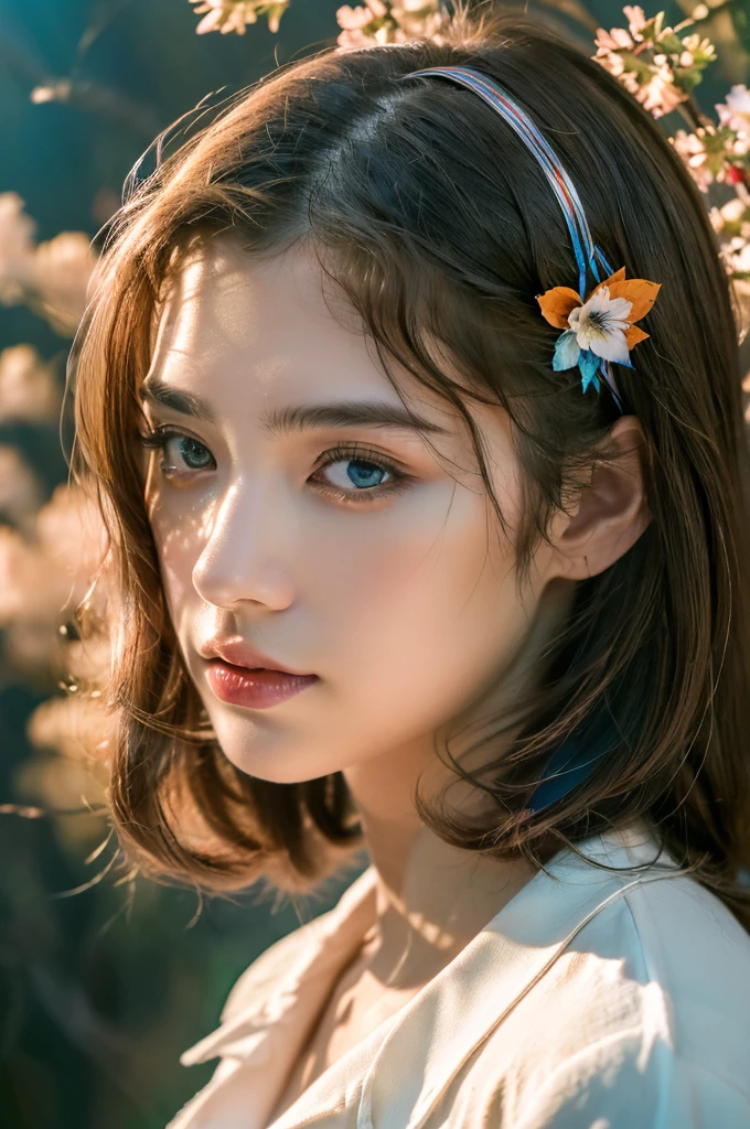 ( masterpiece, top quality, best quality,8k, girl,ultra detailed,raw photo:1.5),(photorealistic:1.4), (cinematic lighting), PerfectNwsjMajic, , Surrealism, UHD, ccurate, Super detail, textured skin, High detail, Best quality, dynamic angle, White skin,[Beautiful blue eyes], high nose,[flat chest:large breasts:0.5],(1girl),((good anatomy:0.5)),(covered in flowers:1.4), night sky, interested in, fire and ice, (The image is divided into two，Available in a variety of colors:2), eyes blues, sapphire, liquid metal, night sky, (Look at an angle:1.3), (fire and ice), ((Lower chrome)), (hairpin:1.4), (forest:1.3), (fog: 1.3),  Subtle colors and tones, mystical aura ,dreamy atmosphere,expressive brush strokes, mystical ambiance, Artistic interpretation, upper body, (long hair,light brown streaked hair, brown hair)
