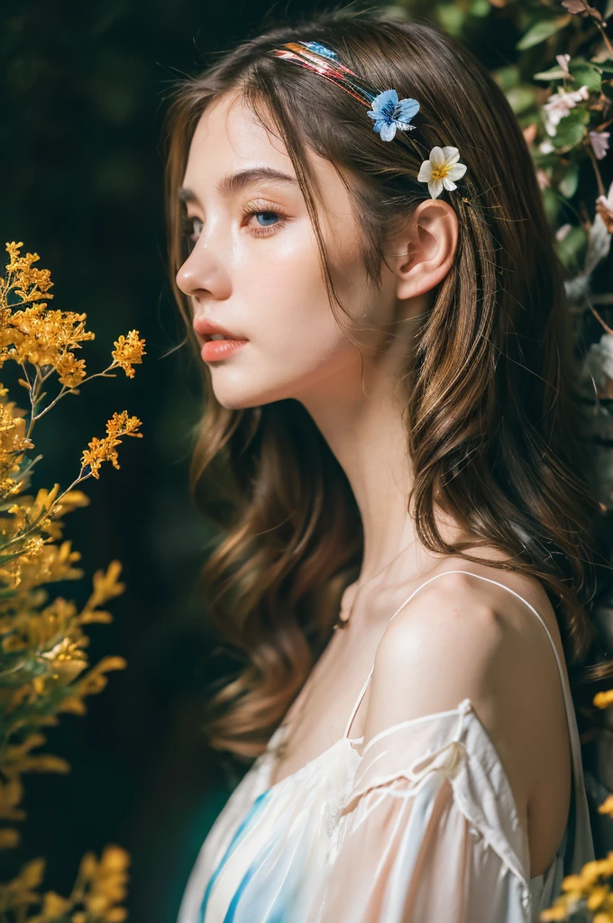 ( masterpiece, top quality, best quality,8k, girl,ultra detailed,raw photo:1.5),(photorealistic:1.4), (cinematic lighting), PerfectNwsjMajic, , Surrealism, UHD, ccurate, Super detail, textured skin, High detail, Best quality, dynamic angle, White skin,[Beautiful blue eyes], high nose,[flat chest:large breasts:0.5],(1girl),((good anatomy:0.5)),(covered in flowers:1.4), night sky, interested in, fire and ice, (The image is divided into two，Available in a variety of colors:2), eyes blues, sapphire, liquid metal, night sky, (Look at an angle:1.3), (fire and ice), ((Lower chrome)), (hairpin:1.4), (forest:1.3), (fog: 1.3),  Subtle colors and tones, mystical aura ,dreamy atmosphere,expressive brush strokes, mystical ambiance, Artistic interpretation, upper body, (long hair,light brown streaked hair, brown hair)