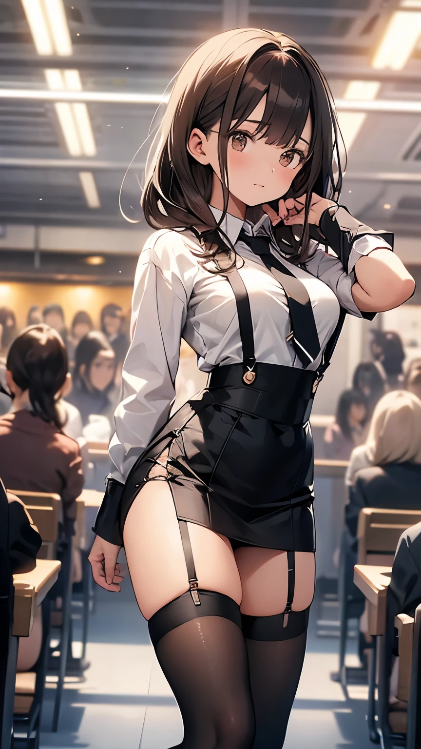 Brown Hair、Looking at the audience　　suspenders　　　bulging big breasts　　 　 　　　　Black mini skirt　garter belt　Knee-high socks　　　　　　sight　　　Small face　bangs 　　　　　beauty　　Show your hand　　 　sight 　Black boots 　Taunt　　Armpit sweat　one person 　　Put your hands behind your back　Dress shirt　　Panty shot